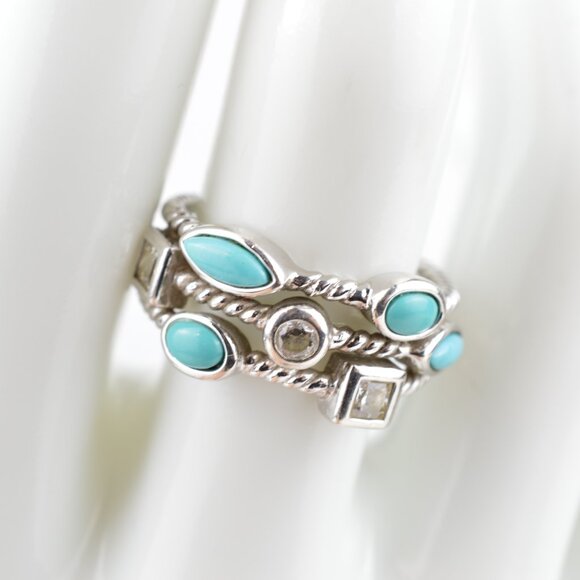 VTG Joseph Esposito ESPO 925 Sterling Silver Turquoise CZ Stacked Band Ring 7.75 - Picture 3 of 11